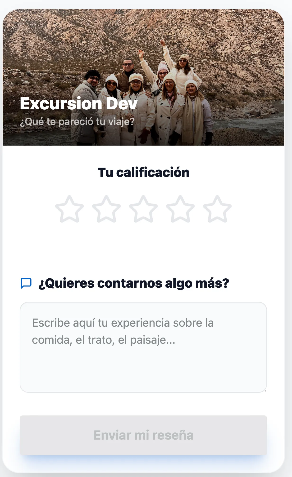 Formulario de reseña que recibe el cliente por correo