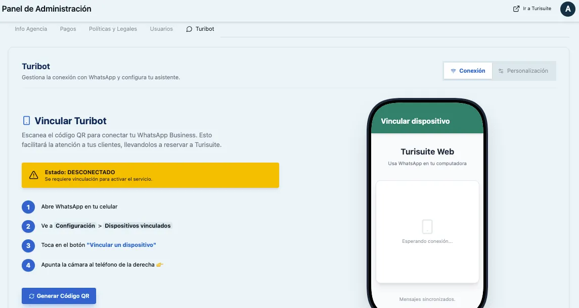 Panel principal de Turibot con las secciones Estado de Conexión y Personalización