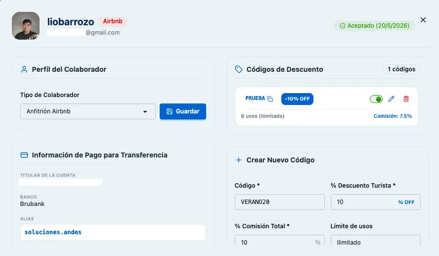 Configuración de comisión y descuento por código