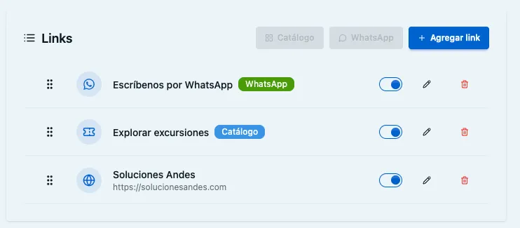 Lista de links predefinidos del Bio