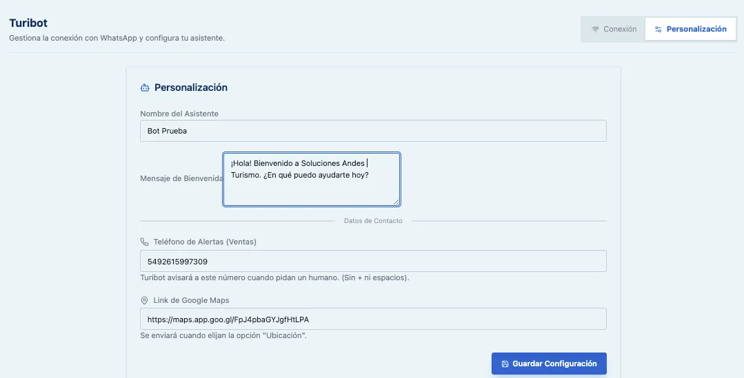 Sección de Personalización del bot