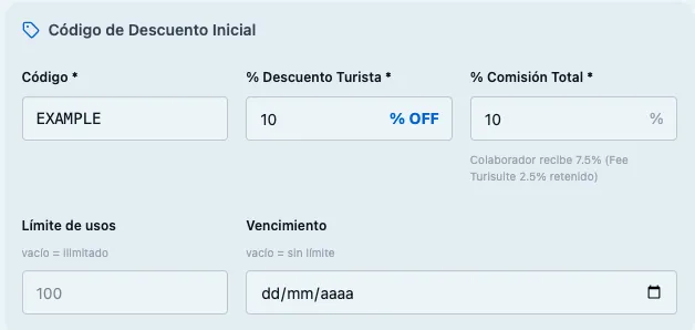 Campos para definir el primer código de descuento
