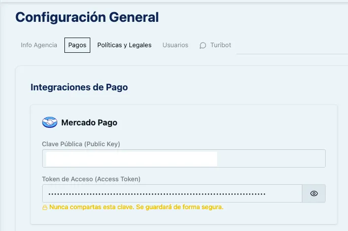 Sección de Pagos en la Configuración del panel admin